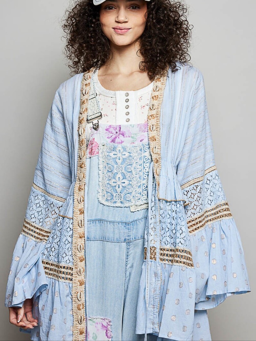 POL Powder Blue Gold Metallic Lace Seashell Boho Kimono Cardigan Style SMQG2 - Picture 3 of 9